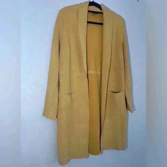 Joan Vass Golden Yellow Lightweight Faux Leather Long Open Concept Coat Sz Small - Picture 3 of 7